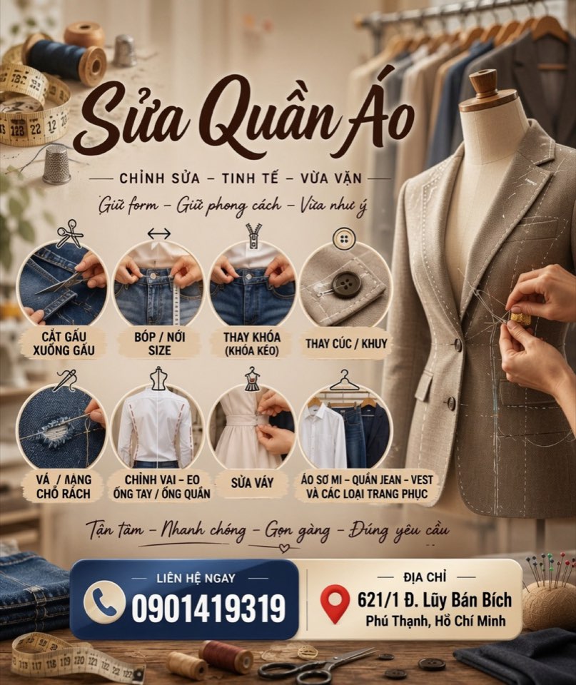 Góc tiệm sửa quần áo tại Phú Thạnh, nơi xem đồ trước khi nhận
